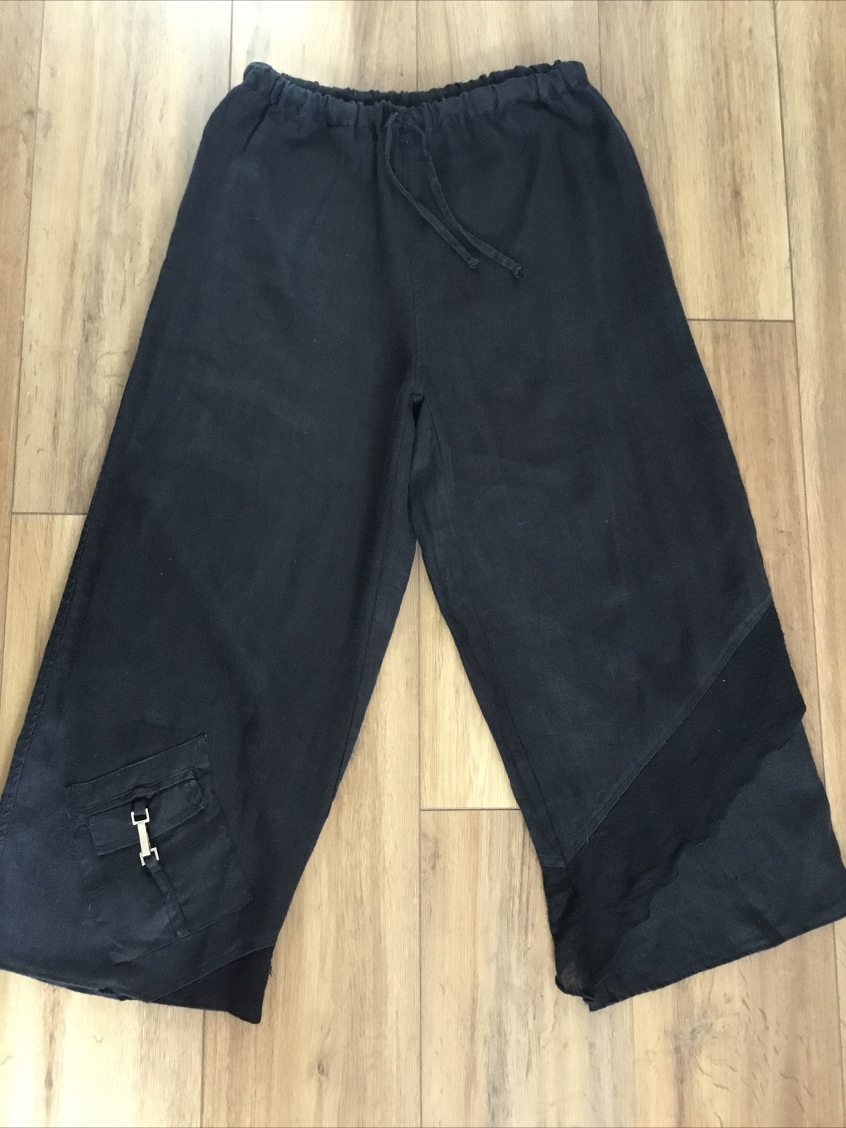 KASBAH Sz/2/M Black linen cropped wide leg trousers
