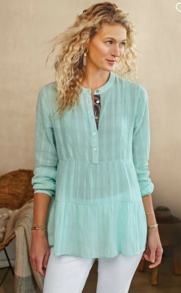 Soft Surroundings Gloria Gauze Henley Tunic Top Clearwater Blue 2DC07 M 10-12
