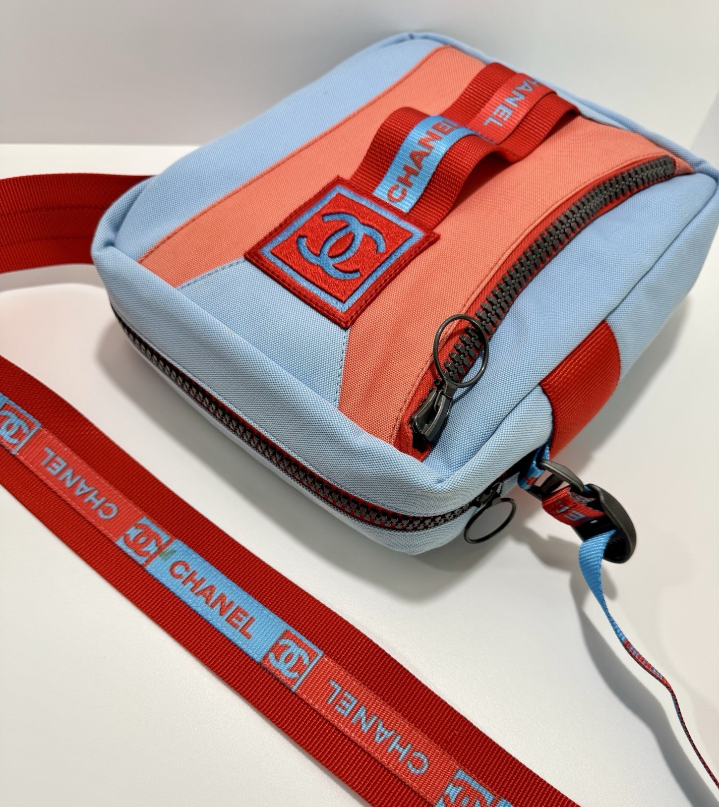 Chanel Sport Line Red Blue Medium Crossbody Vintage Unisex Canvas Nylon CC Logo