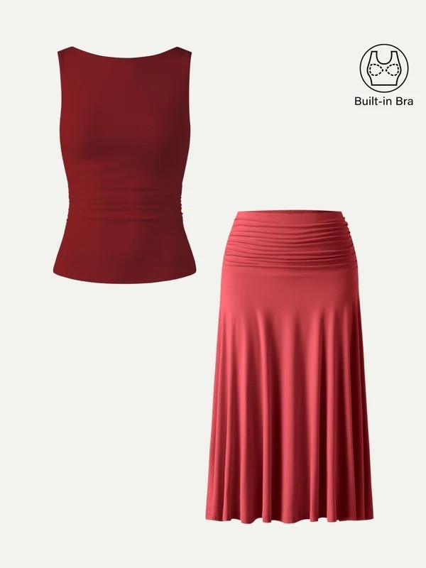 OGL 2Pcs Set Open Back Bra Tank & Side Ruched A-line Midi Skirt – Free SHIPPING!