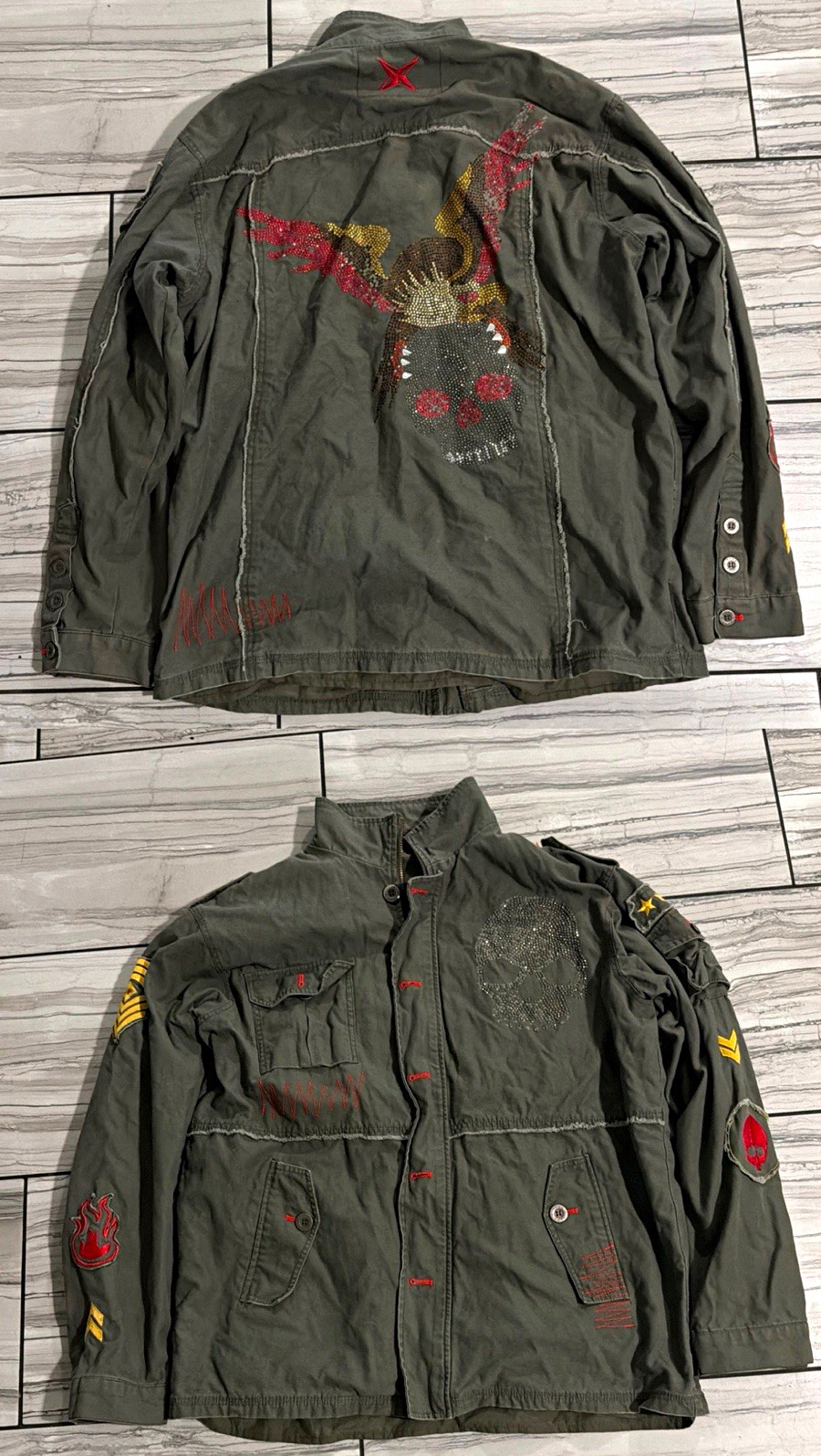 Flamme Men’s Green Military Jacket XL Button Front Embroidered Studded Stand-Up