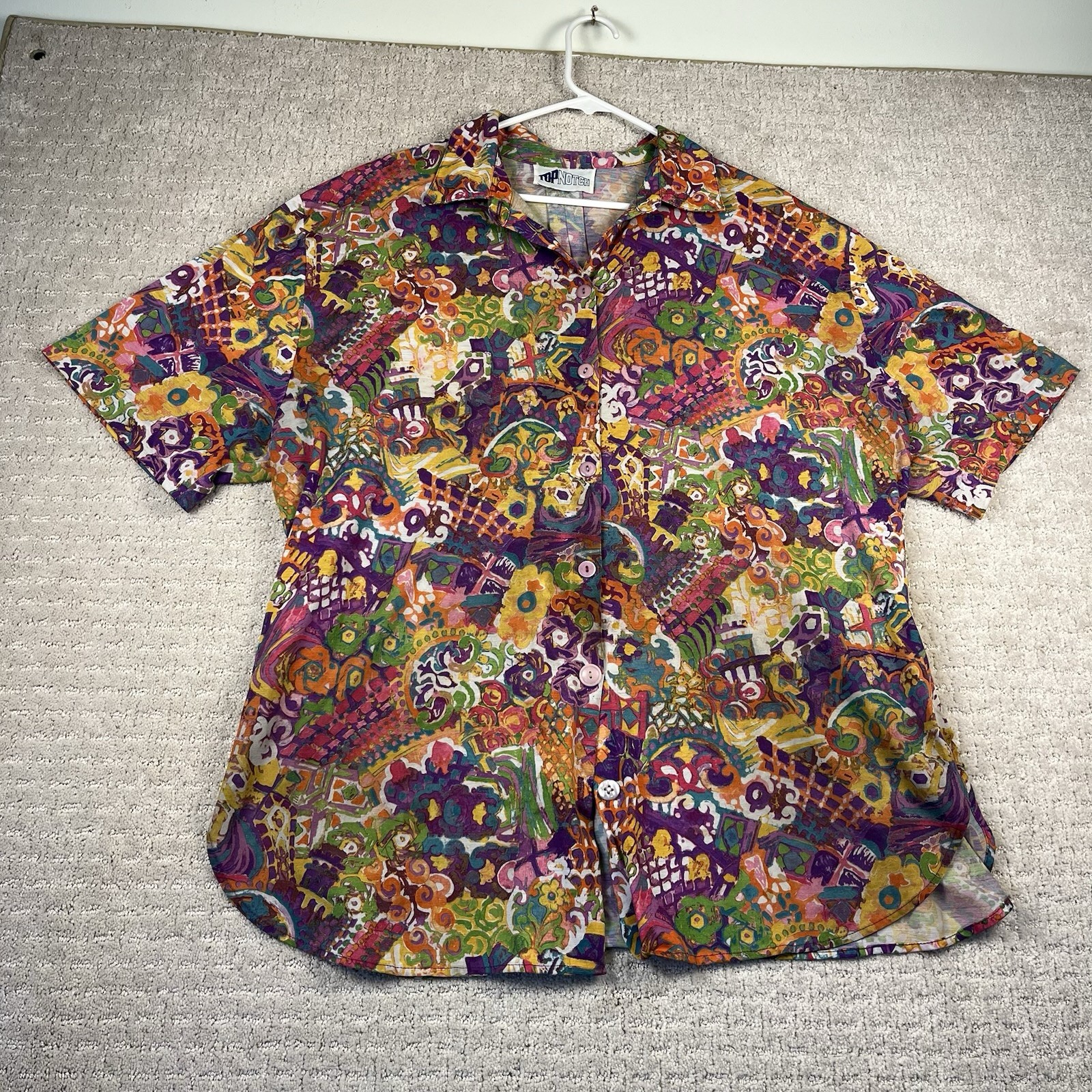 Vintage TOP NOTCH Blouse Womens 2XL Button Up Shirt 80s Abstract Artsy Colorful