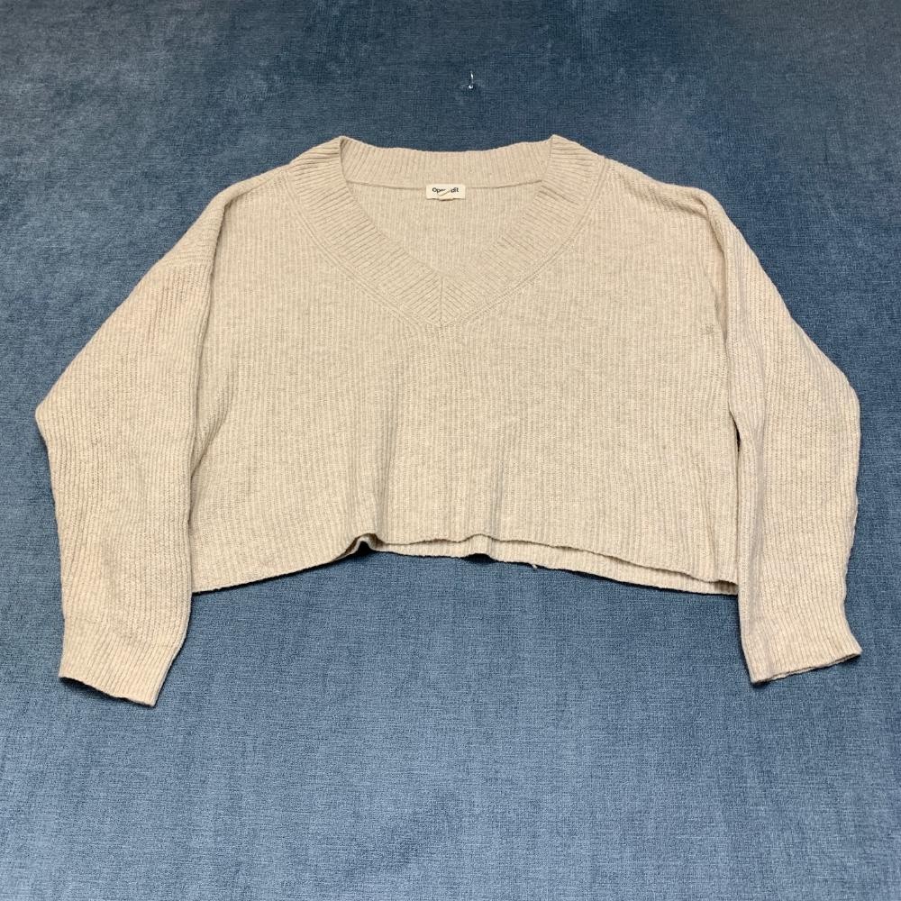 Open Edit Cropped Sweater Womens Large Beige Tight Knit Cotton V Neck Streetwear