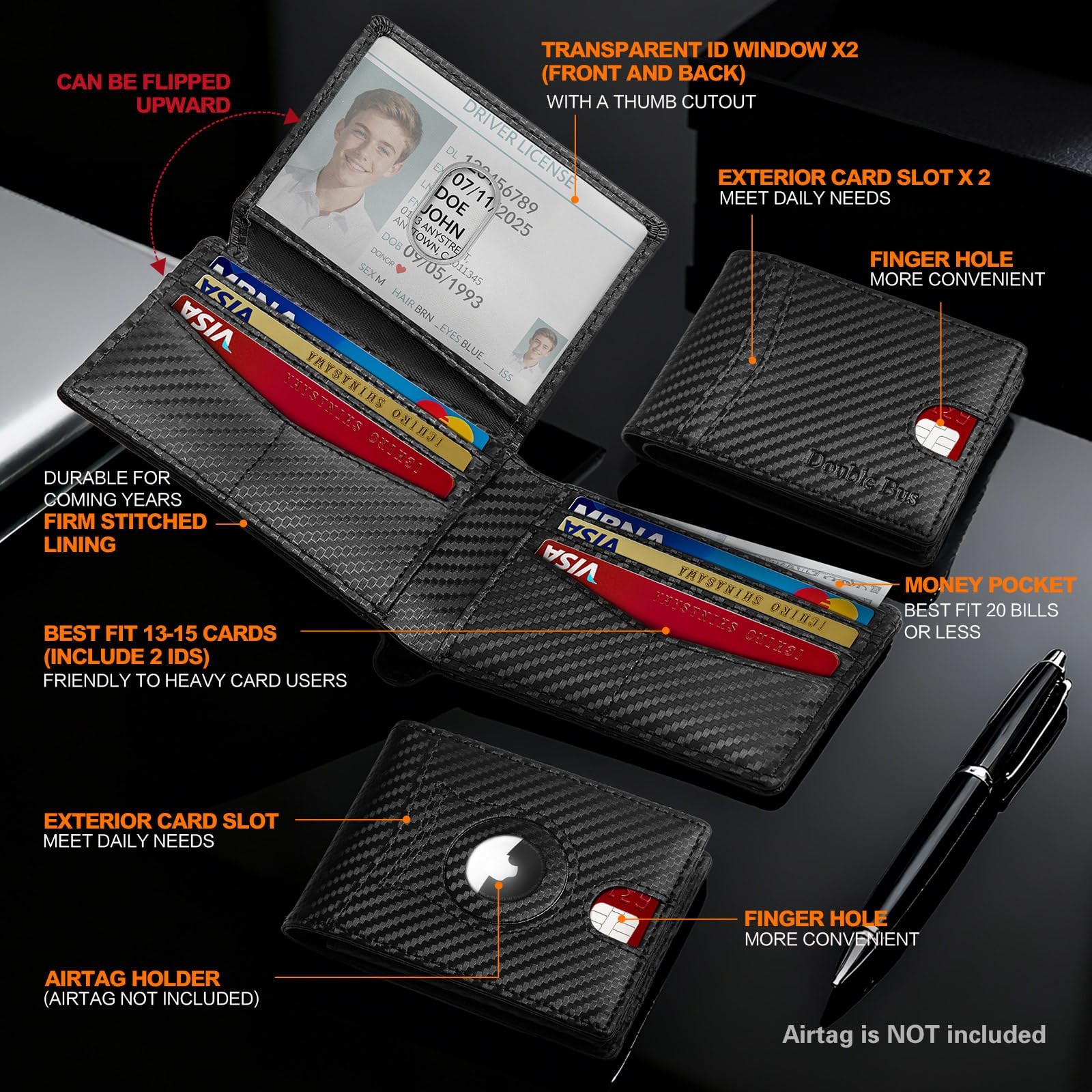 Wallet for Men Slim RFID Blocking 0.6×4.3×3.2 inches, Black-Carbon Fiber