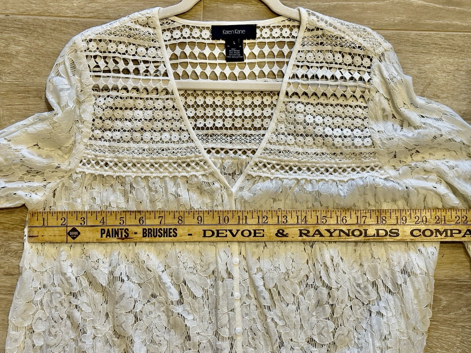 KAREN KANE Seascape Multi-lace Sheer Top Ivory Color Vneck Buttons Sz L $118 NWT