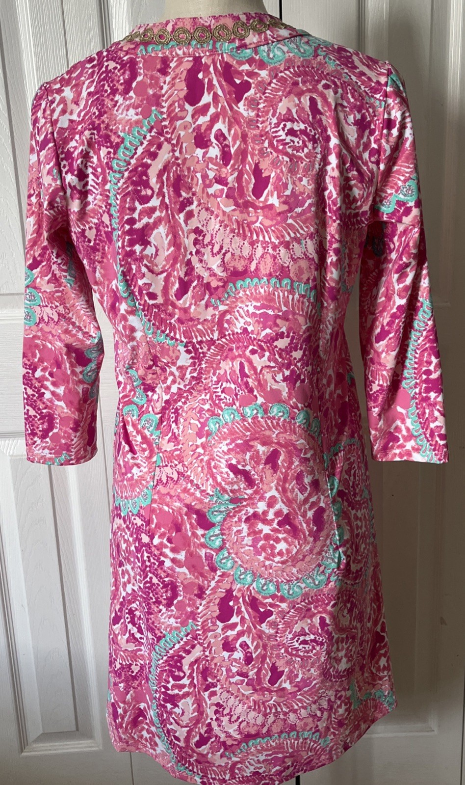 Sunsets & Sweet Tea SZ S Floral Anywhere Dress Pink Sheath Gold Trim (4)