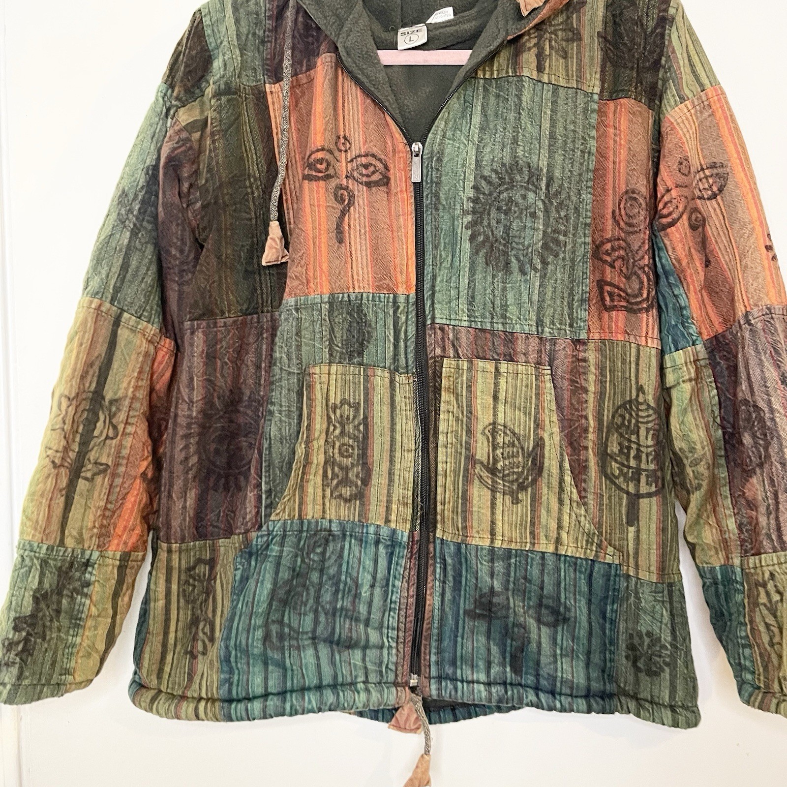 Green Patchwork Cotton Fleece Winter Jacket Unisex Hippie Jacket Hoodie Hipster
