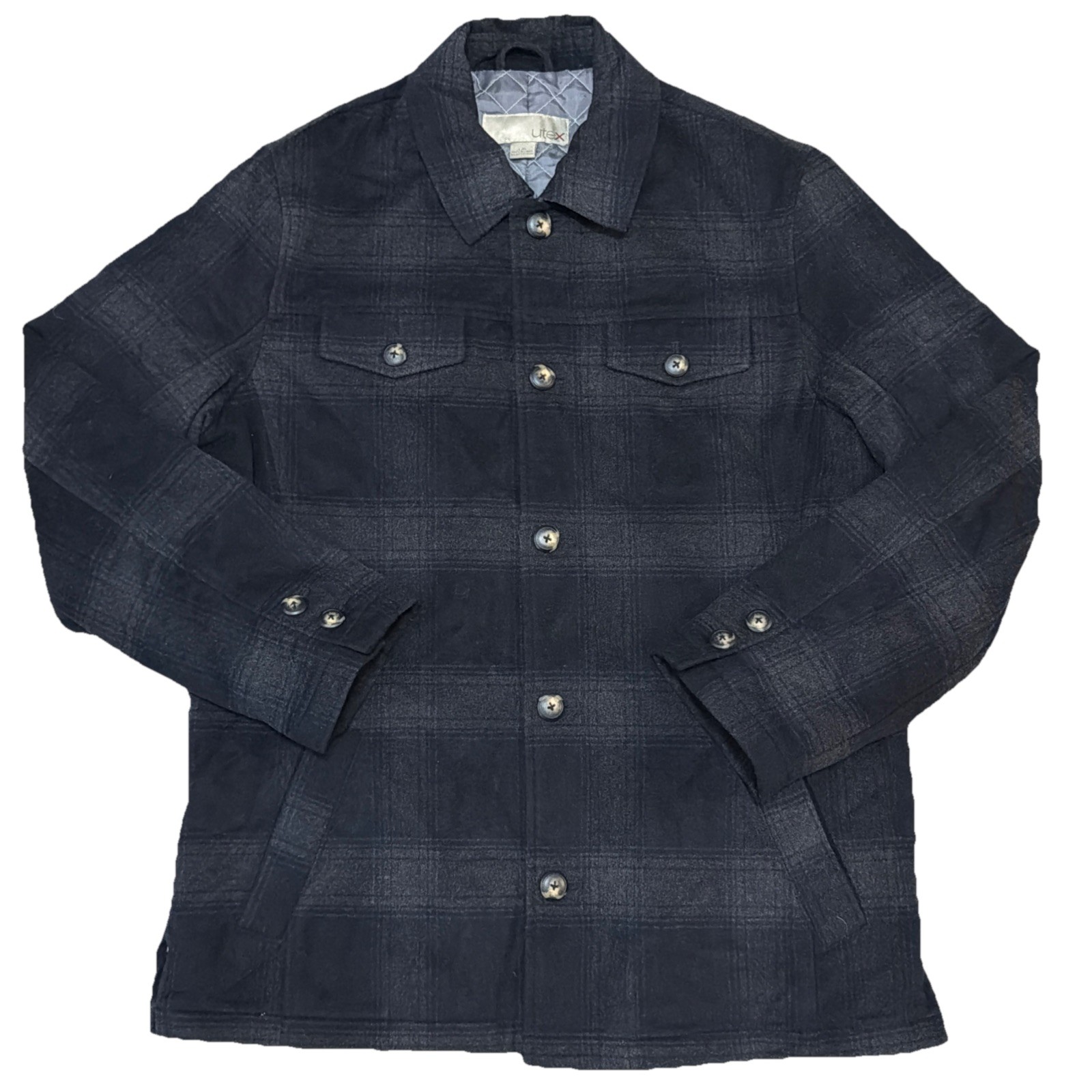 Vintage UTEX Wool Blend Shadow Plaid Jacket Shacket Quilted Black Gray Large