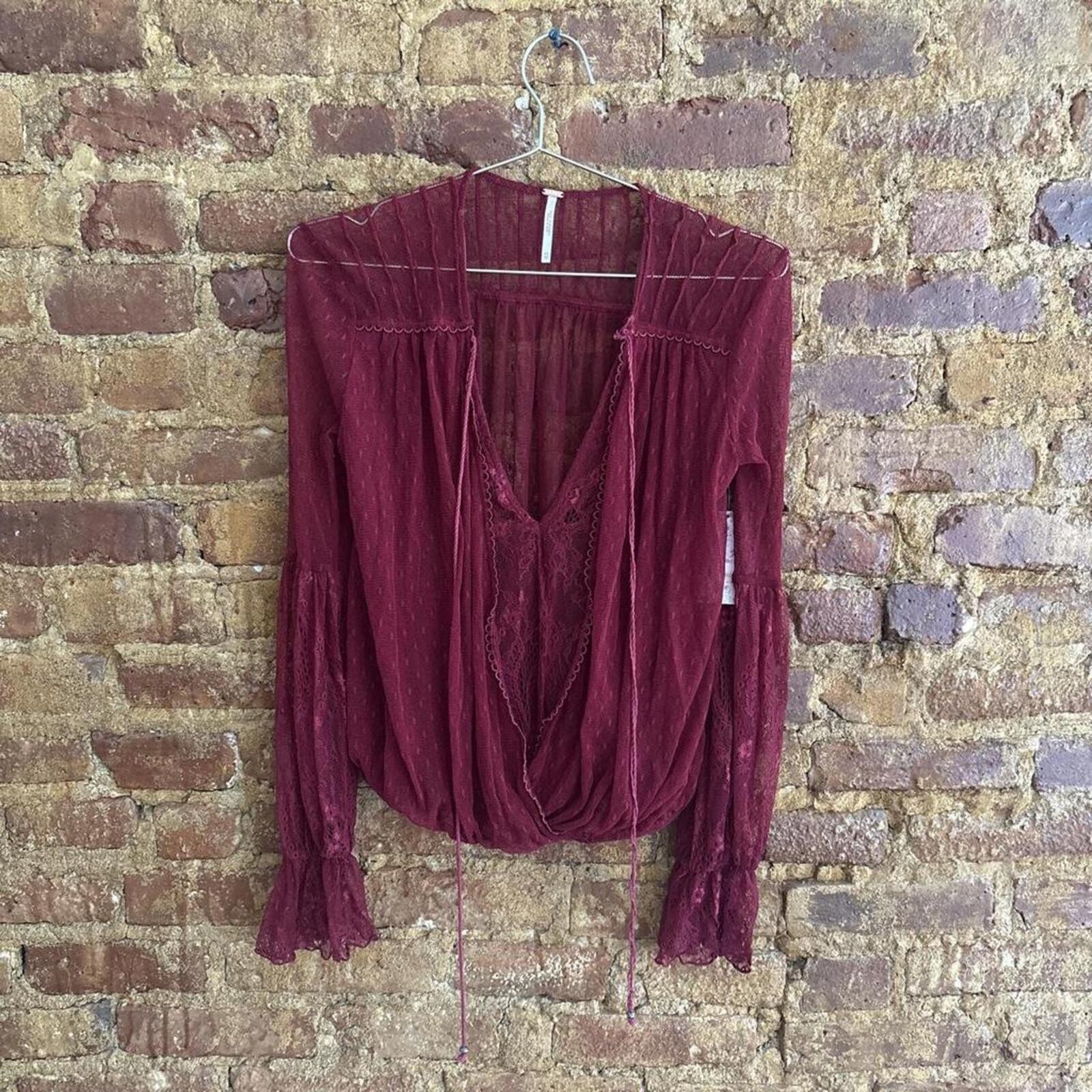 NWT Free People Red Lace Tie Blouse