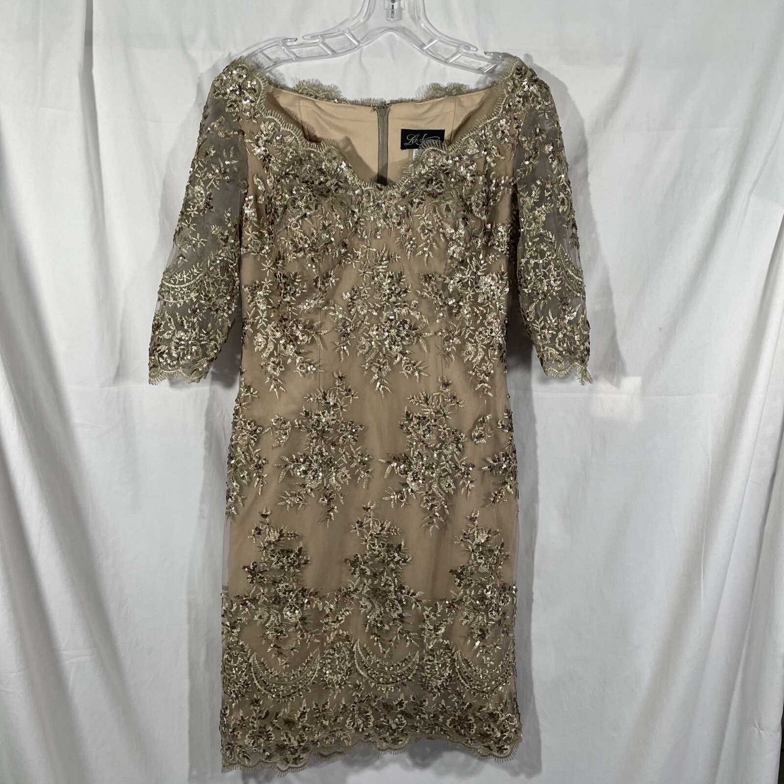 NEW $378 La Femme [ 8 ] Embroidered Sheath Cocktail Dress in Champagne #S179