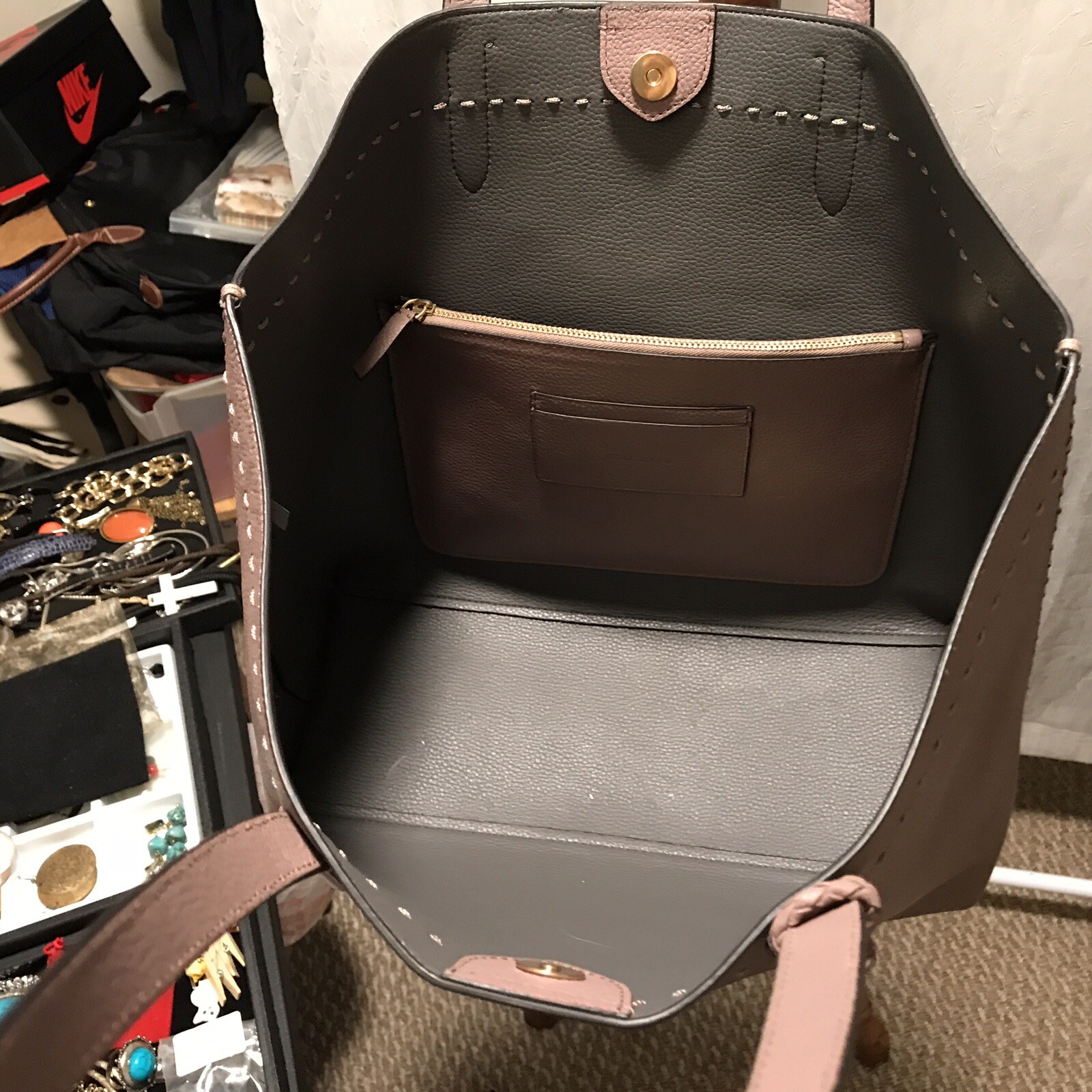 NEW Cole Haan Large Gray Leather Tote Bag 19.5″ w/Dust Bag Mint Fall Sale