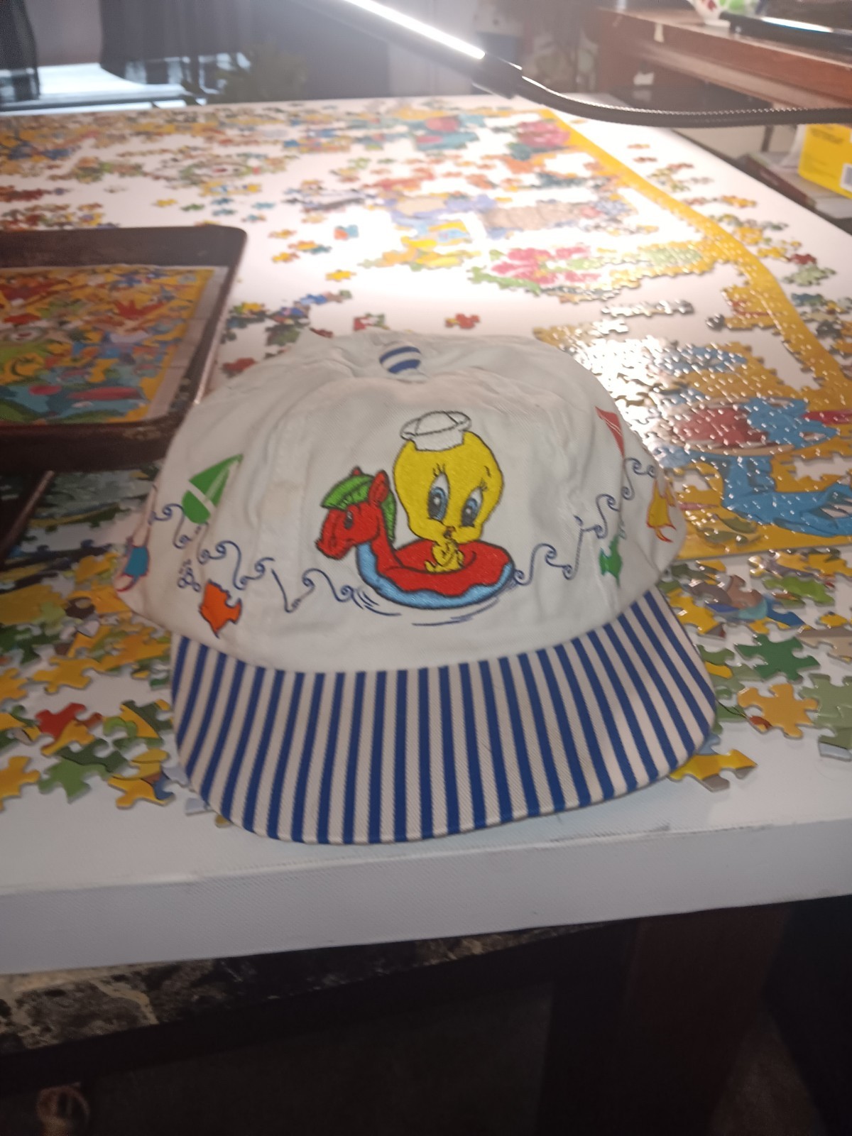 Aquilla Tweety Cartoon Baseball Cap Adjustable One Size White/Blue Striped