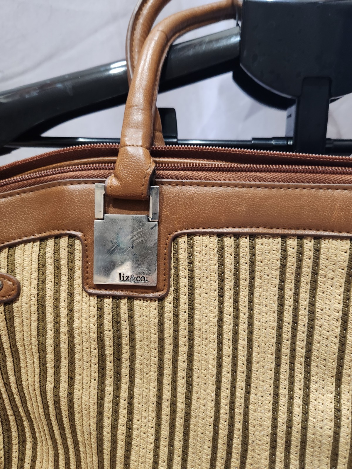 Liz & Co., Brown-Beige Stripe Top Handles Handbag 15in x 8.5in x 3in