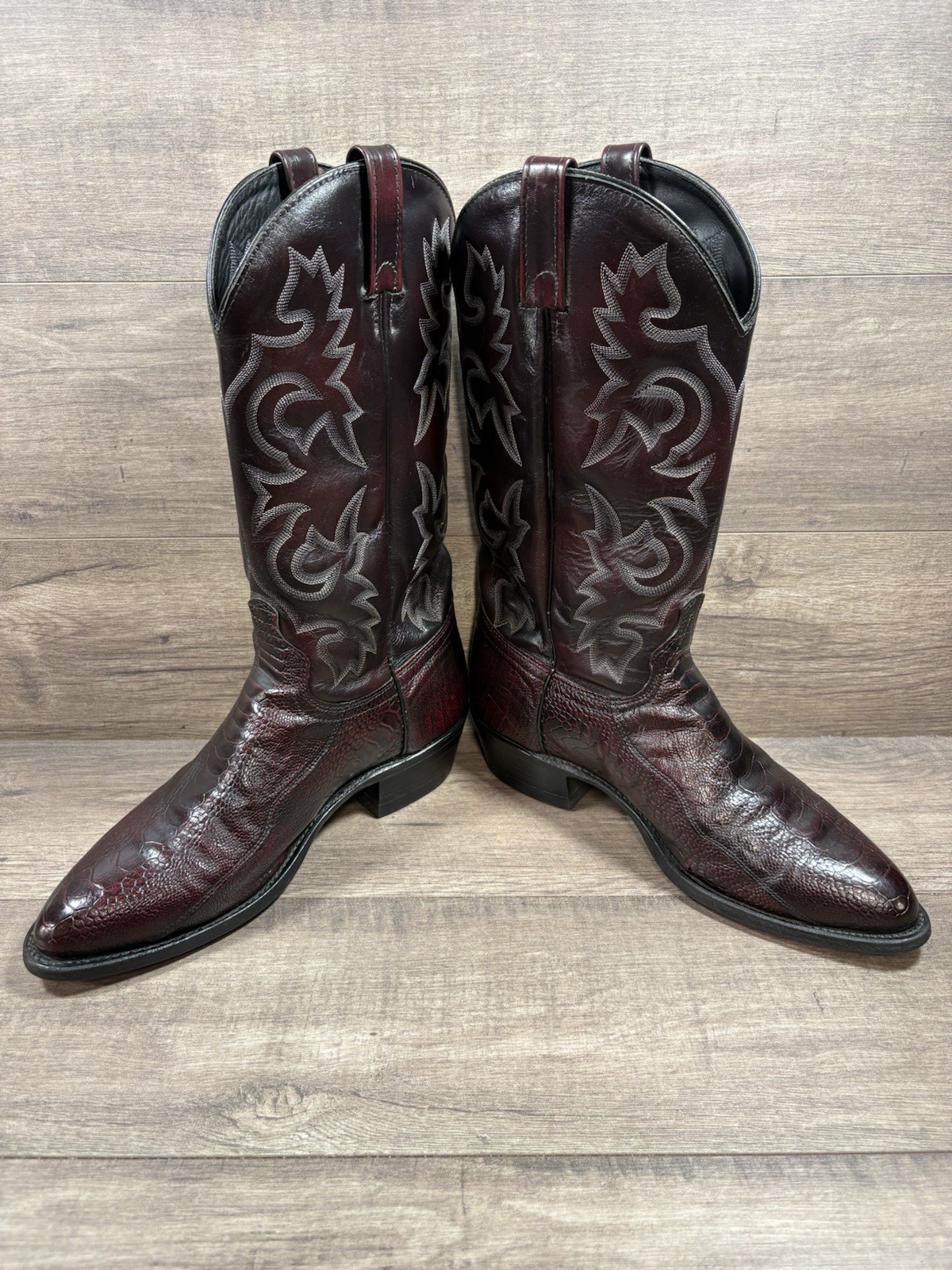 J Chisholm Genuine Ostrich Skin Cowboy Boots Burgundy Leather Mens Size 10.5 D