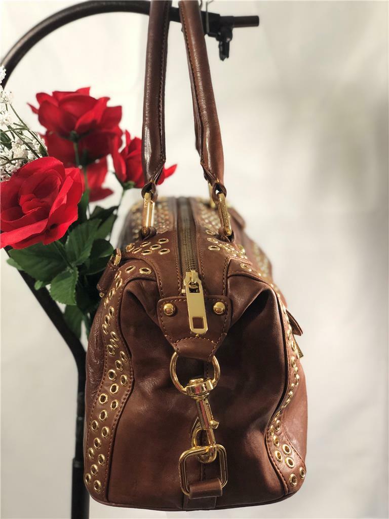 REBECCA MINKOFF Gold Tone Grommet-Embellished M.A.B. Bag In Brown Leather
