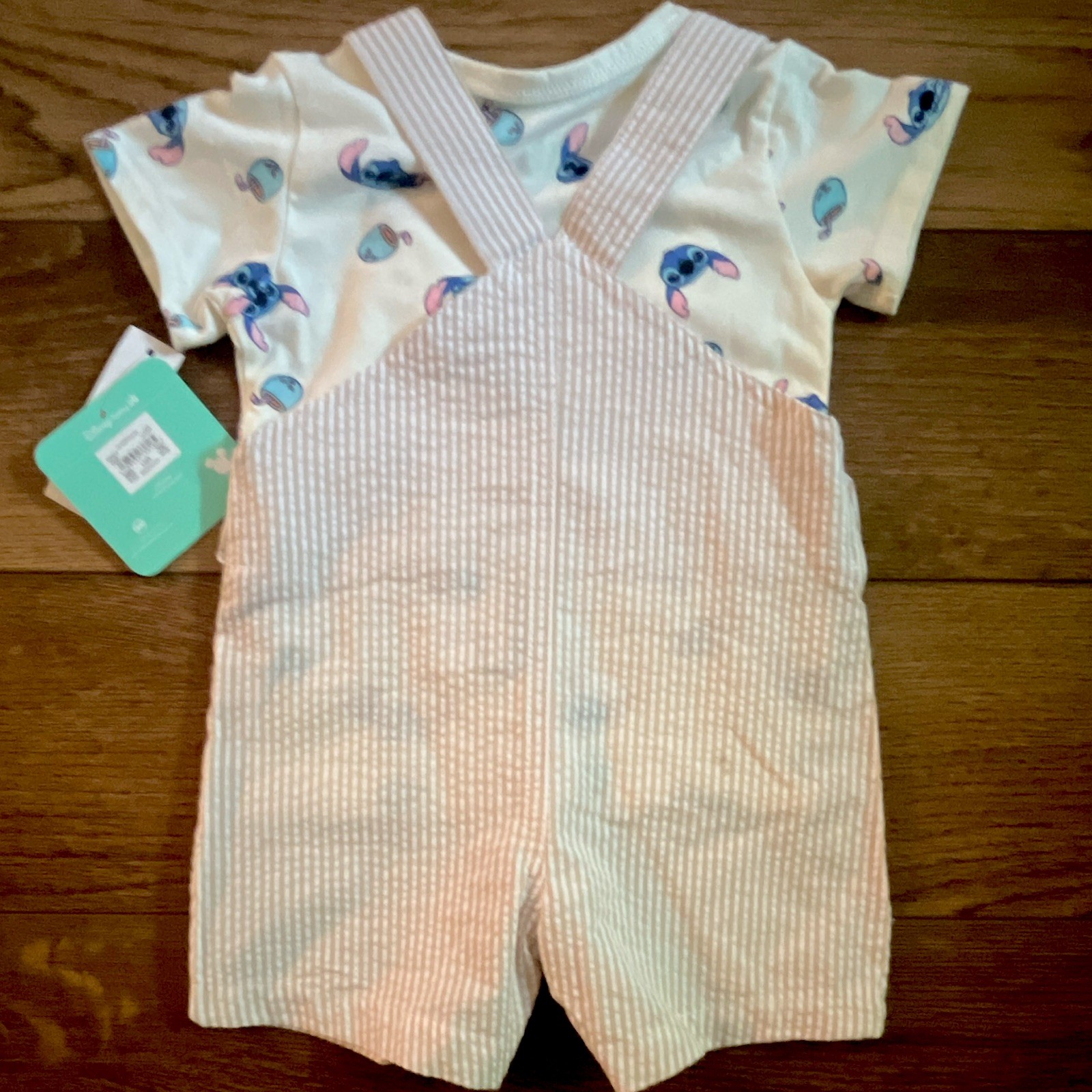 Disney Stitch 2pc Seersucker Striped Overalls & Short Sleeve Shirt Set 12M