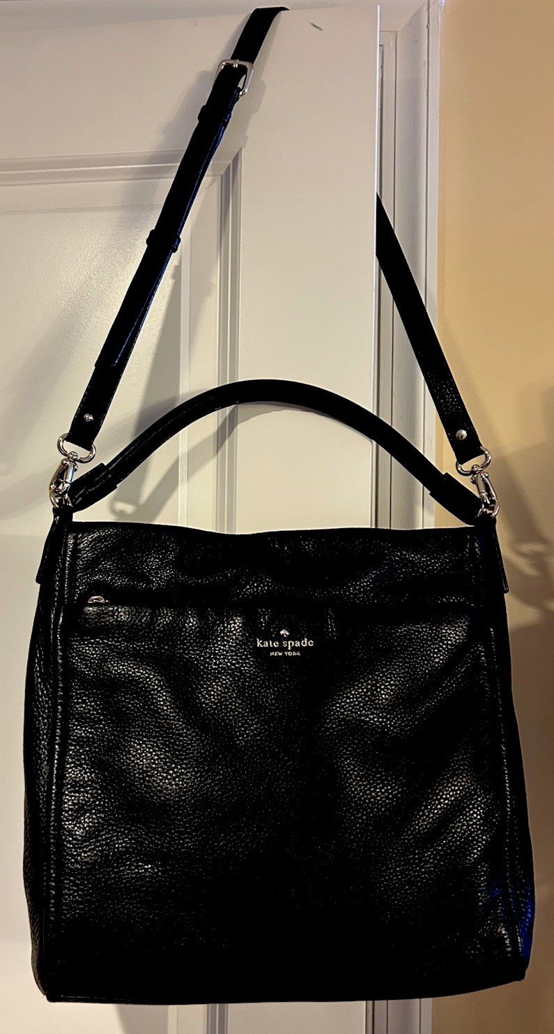 kate spade new york Black Pebbled Crossbody/Shoulder Zip Bag Striped Lining