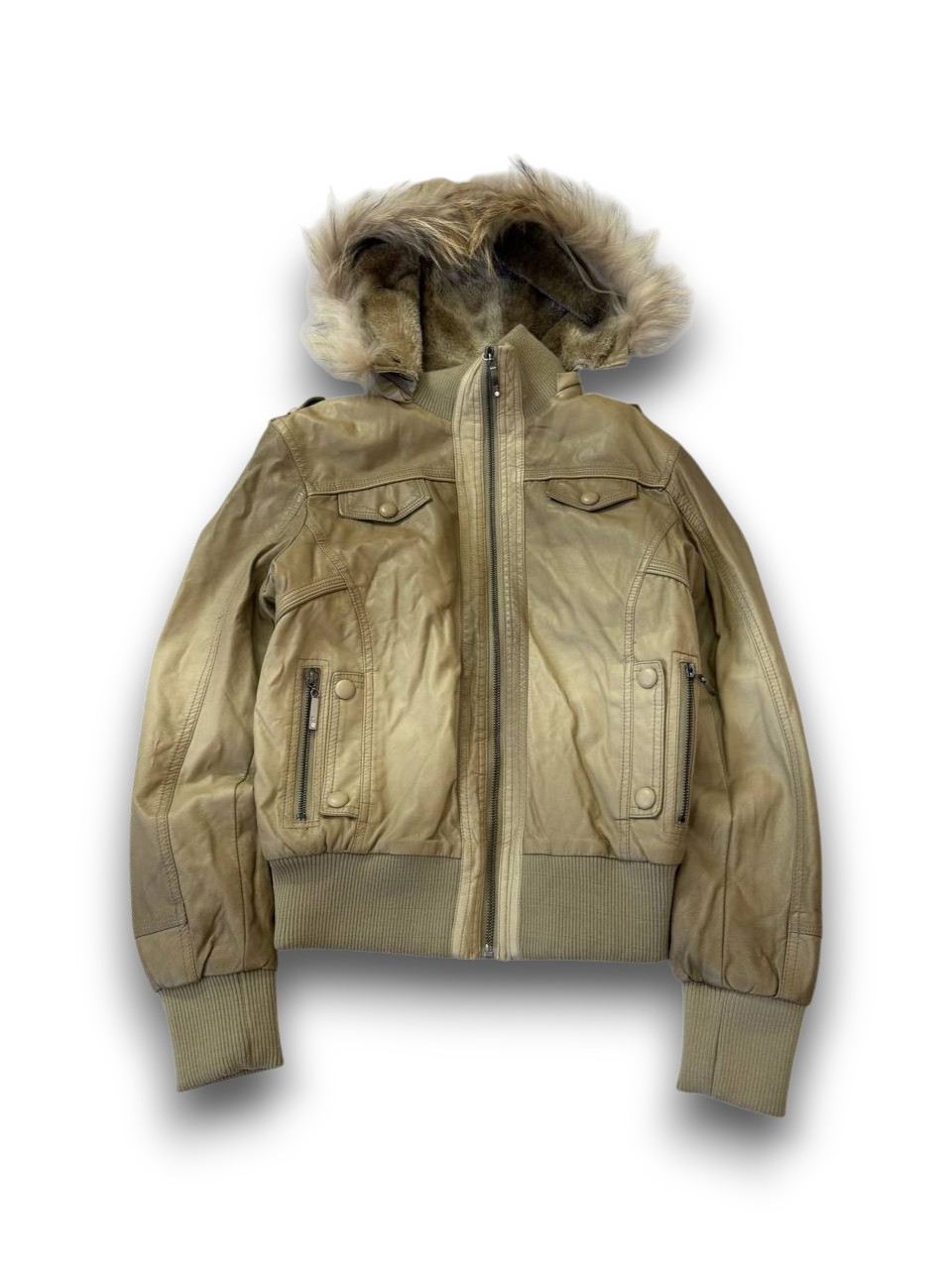 Vintage Leather Jacket Fur Collar Zip Slim Fit Y2K Minimalist Rare Style