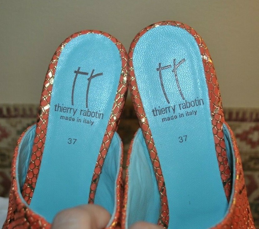 Thierry Raboton Bella II Orange Pierre, Embossed Metallic Suede Sandals NIB, 6.5