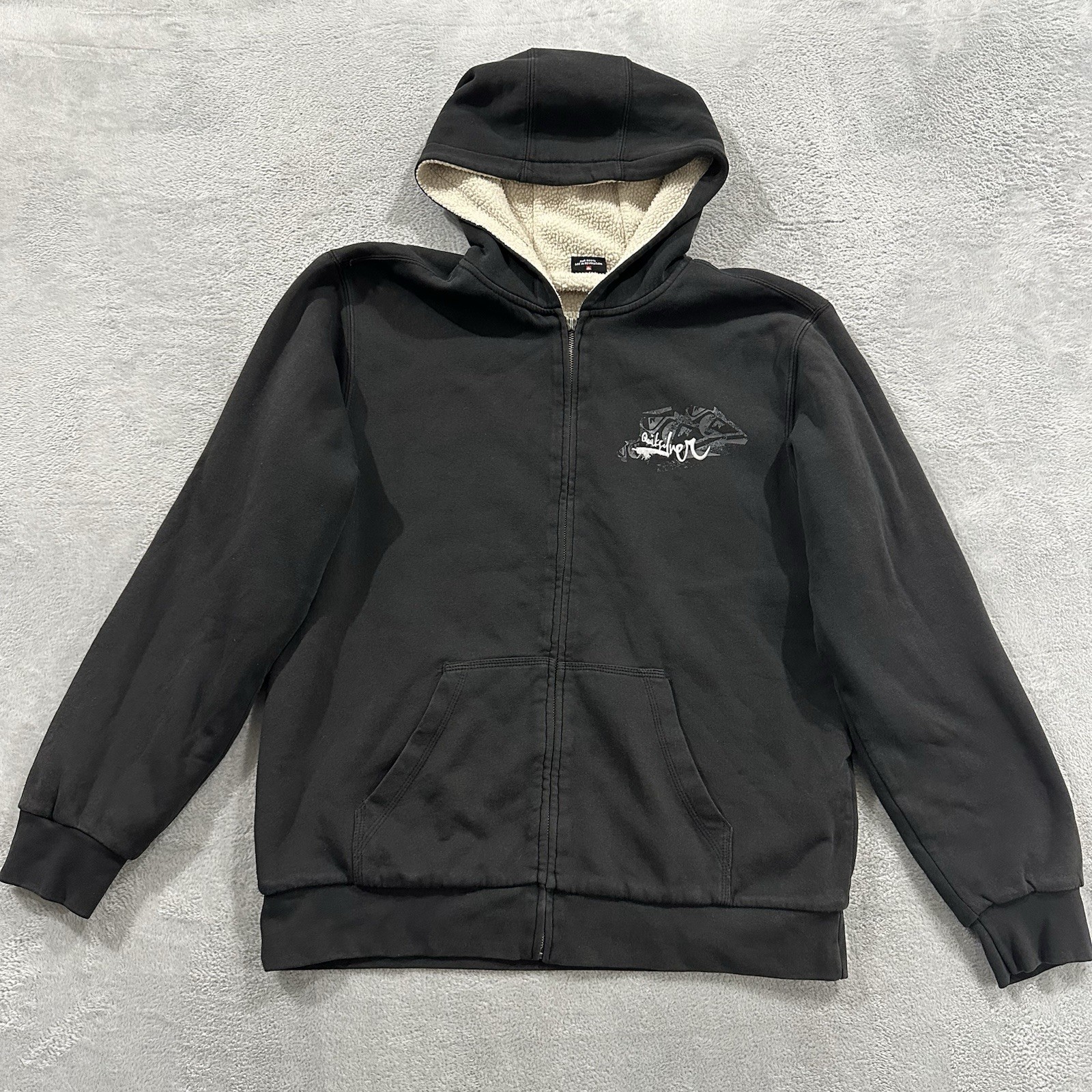 Quiksilver Mens XL Sherpa Lined Hoodie Jacket Full Zip Black Fleece Y2K Surf