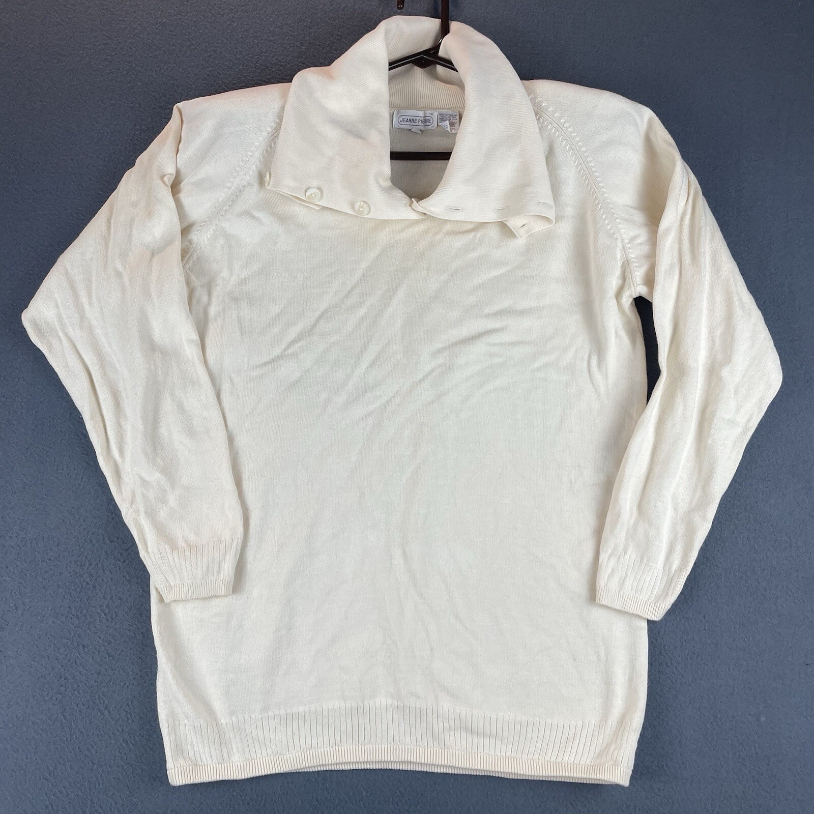 VTG Jeanne Pierre Split Button Cowl Neck Sweater Sz S Ivory Long Sleeve Knit