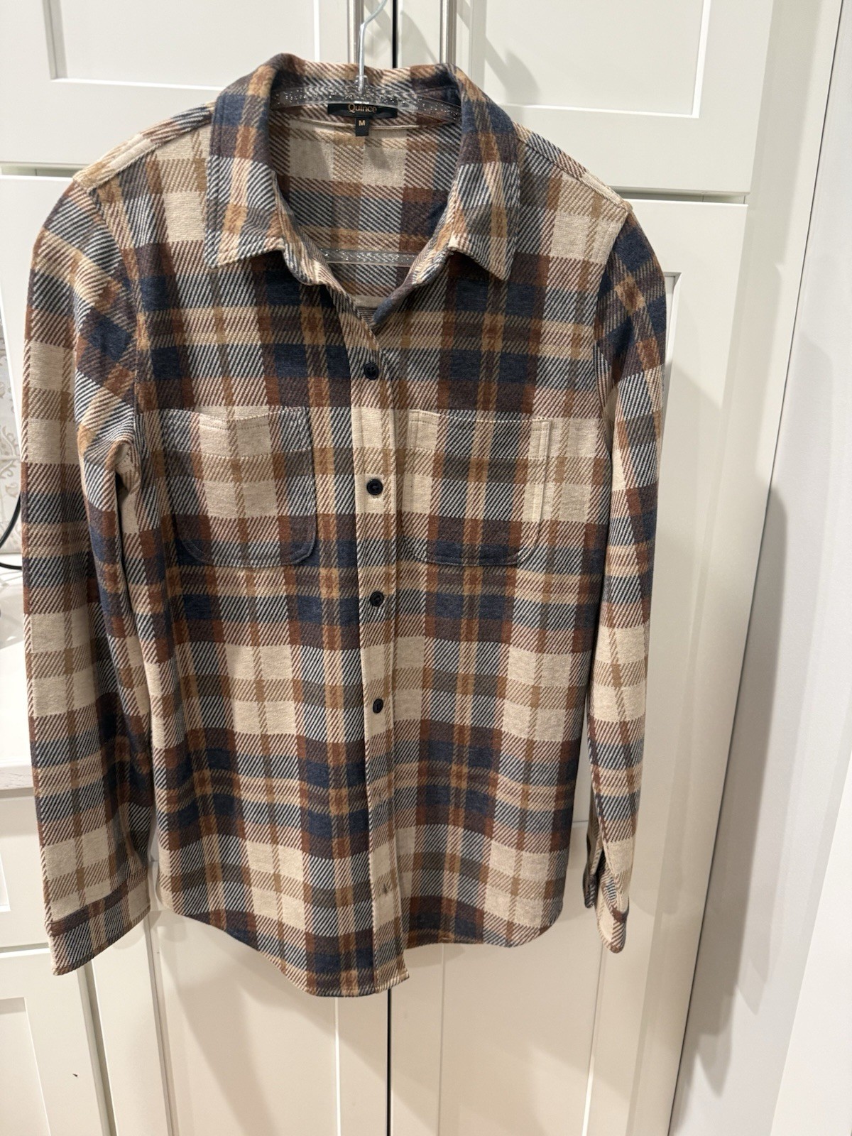 Quince Women’s Medium Stretch Checked Shirt Long Sleeve Pocket EUC Blue Brown