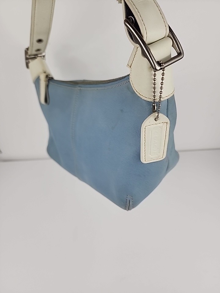 Vintage Coach 9564 Blue Leather Ergo Shoulder Bag Purse White Trim Hobo Baguette