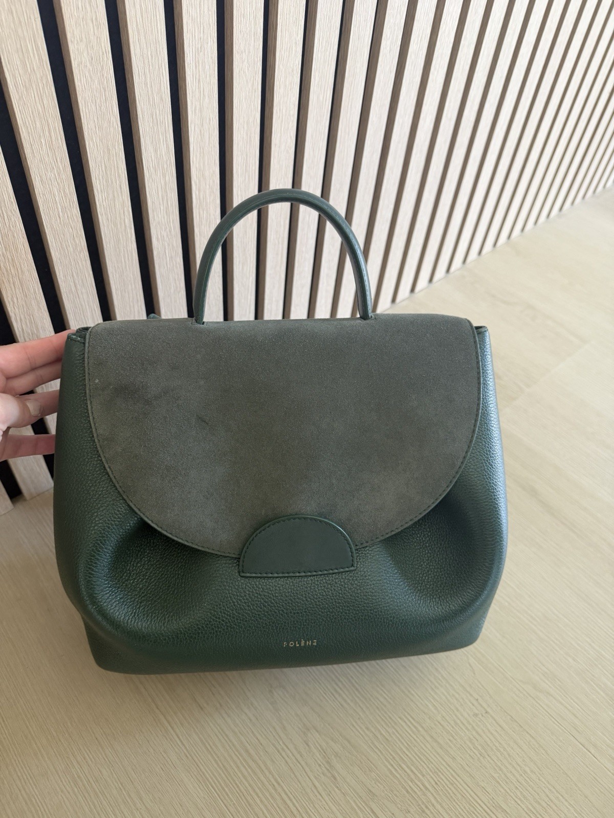 Polene Numéro Un Leather Suede Trim Handle Bag Forest Green
