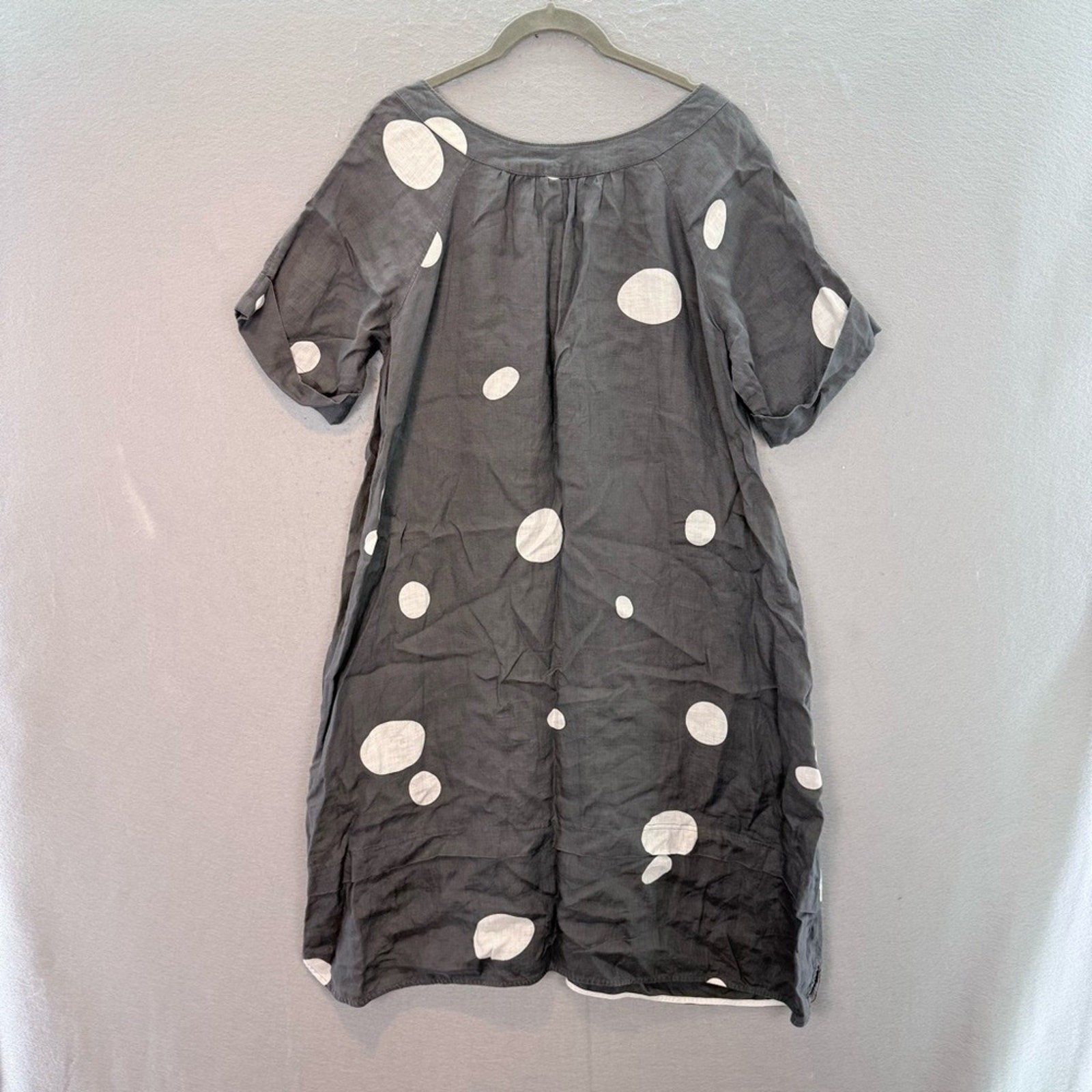 ROSSO35 women’s 100% linen polka dots grey short sleeve Midi dress relaxed fit M