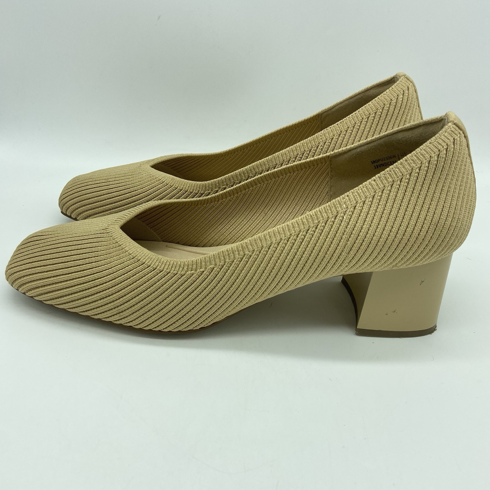 Burudani Womens Beige Ribbed Knit Block Heel Pumps Square Toe Size 9 Tan Shoes