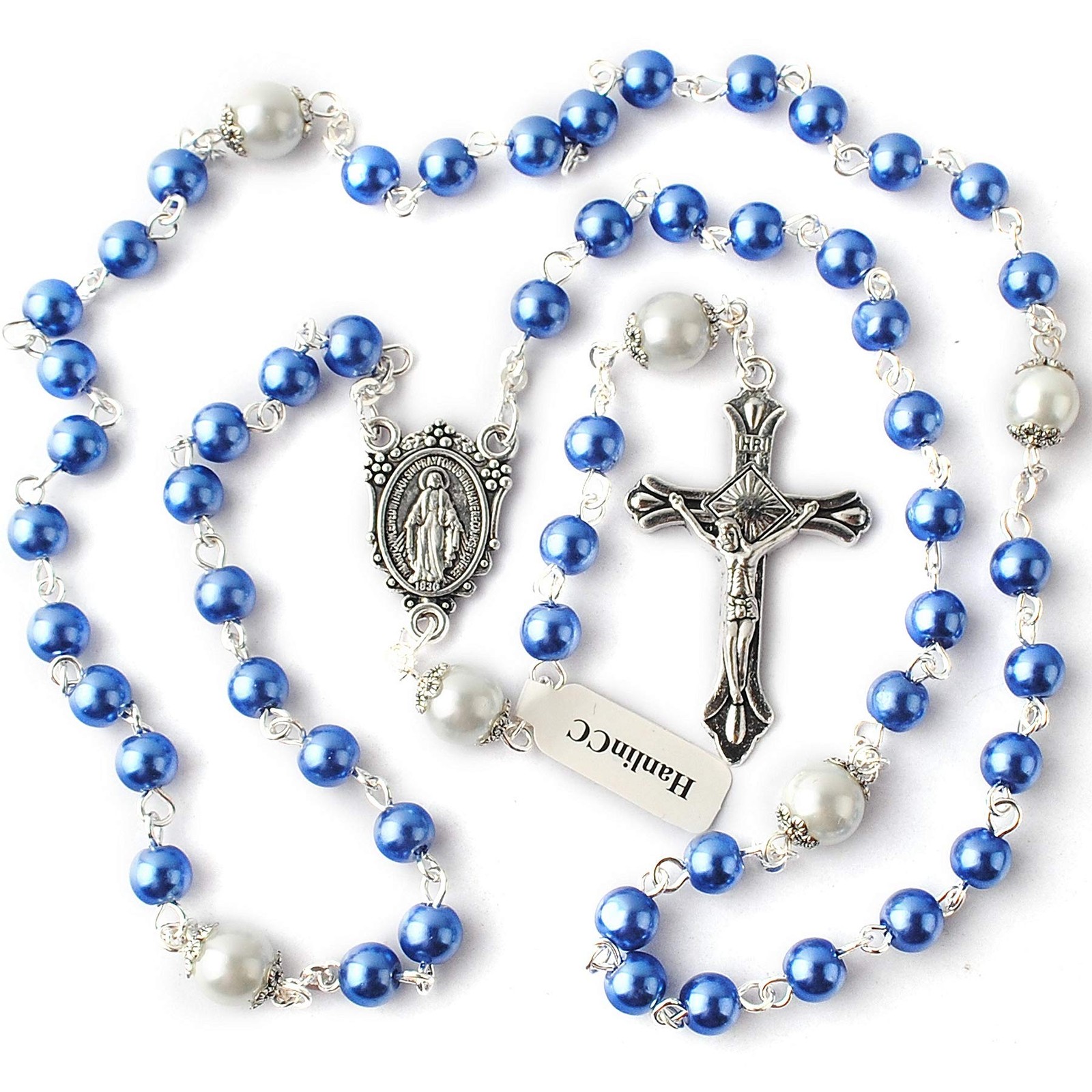 HanlinCC 6mm Glass 53cm (20.8 inches), Blue Rosary with Miraculous Gift Box