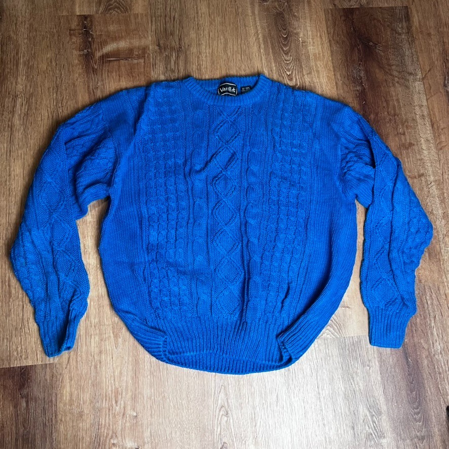 Vtg VanCort Cable Knit Chunky Sweater Men’s XL Blue Fisherman Crew Neck