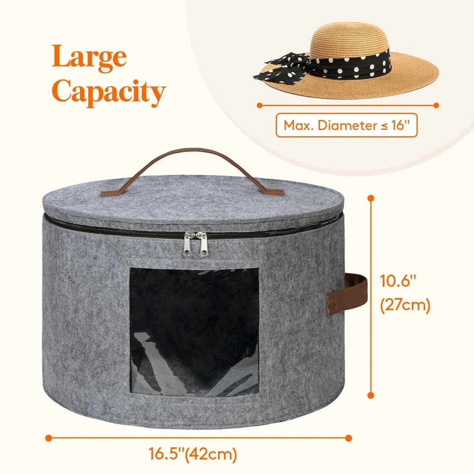 Lifewit Round Cowboy Hat Box for 7 Caps, Large Felt 16.54×16.54×10.63IN, Gray