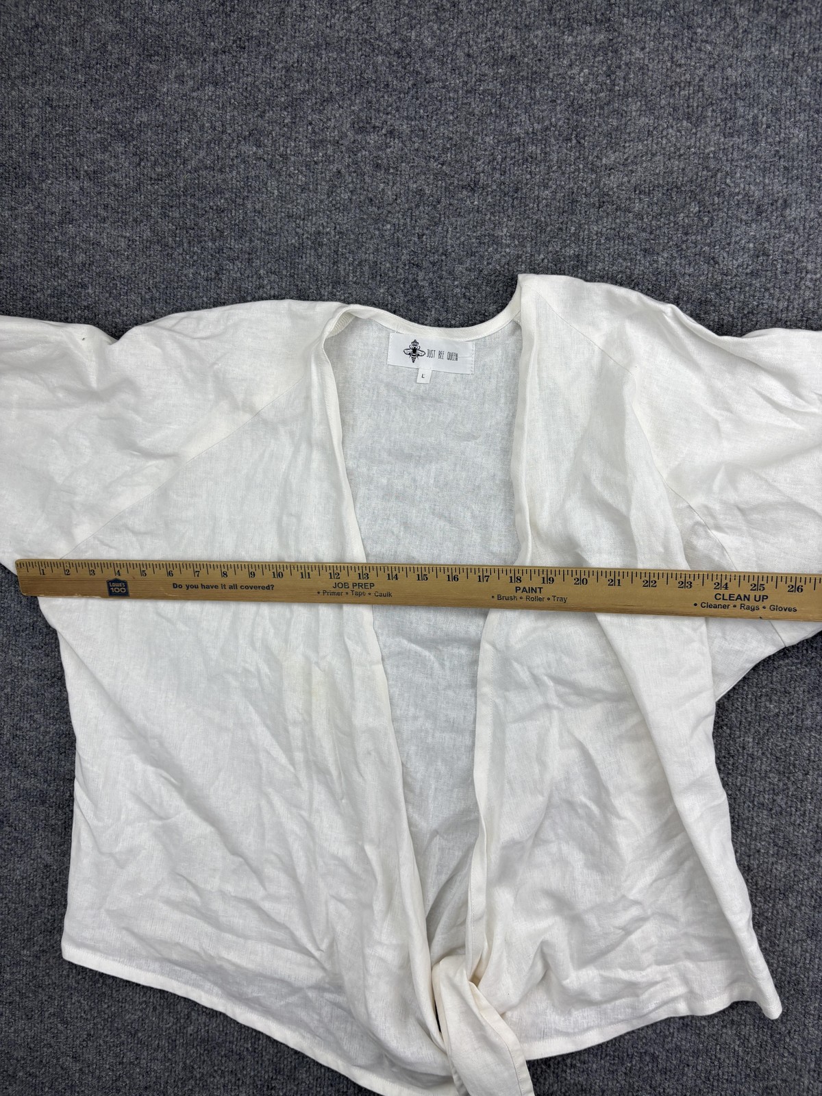Just Bee Queen Blouse Womens Large White Linen Kimono Tie Front 3/4 Sleeve Top
