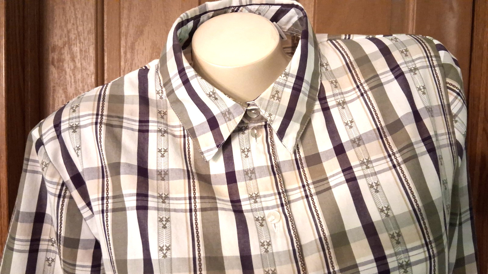 Kim Rogers Multicolored Blouse Plaid Button Shoulder Pads Bracelet Sleeves Sz 14