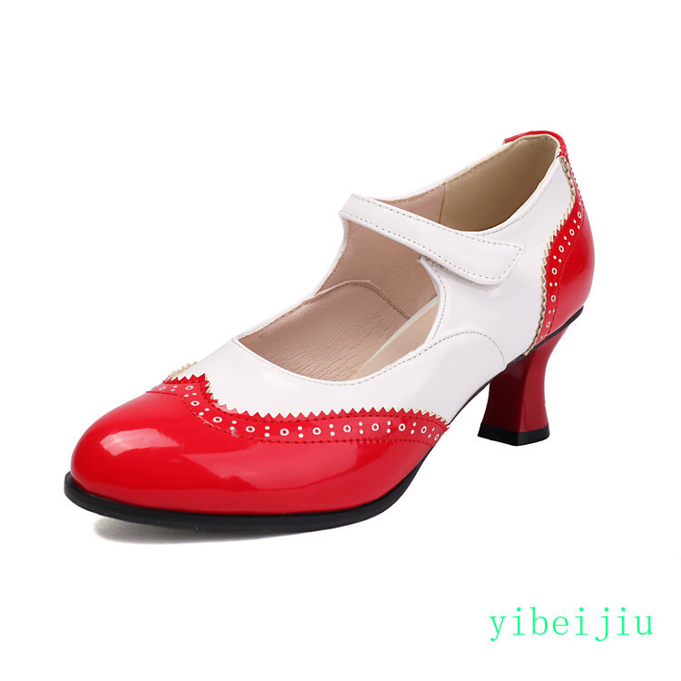 Womens Mid Kitten Heel Mary Jane Patchwork Leather Shoes Sweet Candy Two Tone OL