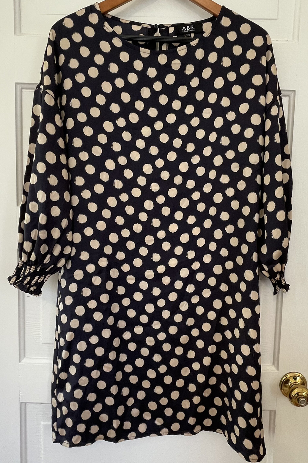 ABS Collection Sheath Dress Size Medium Navy Blue Beige Polka Dots 3/4 Sleeves