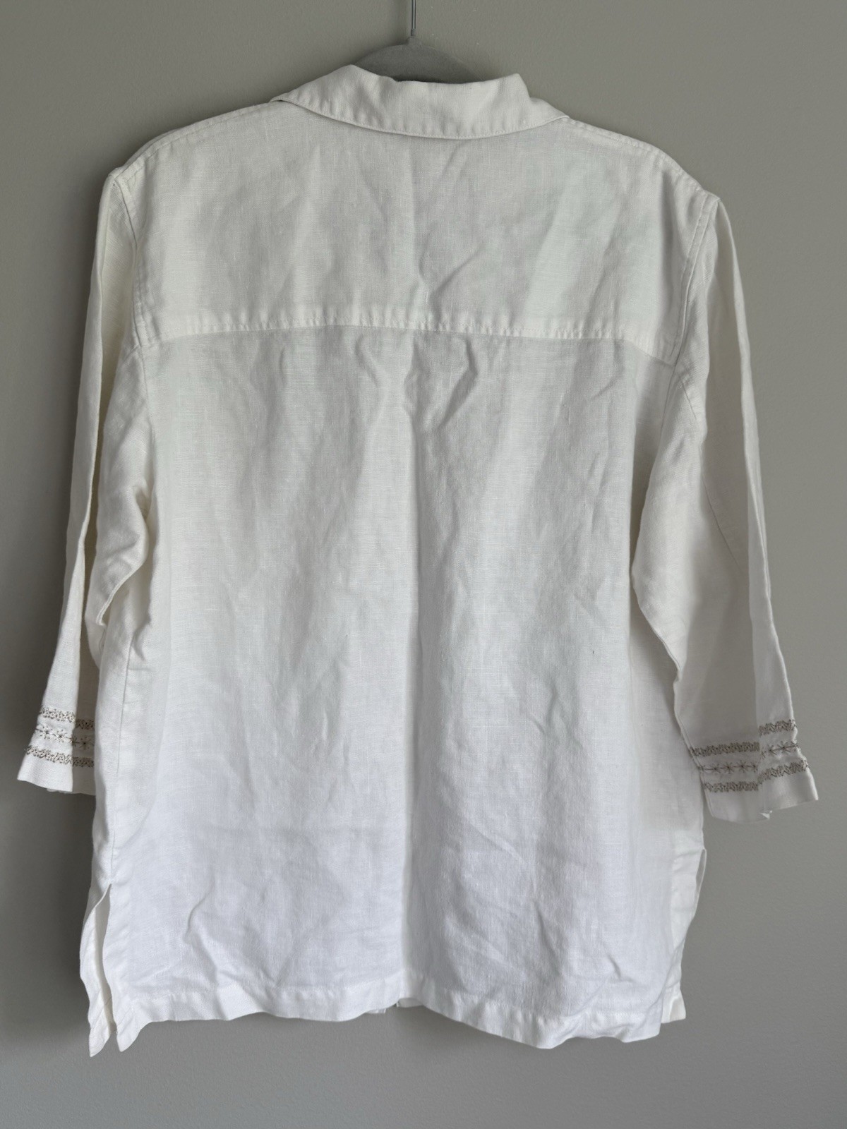 Women’s 3/4 Sleeve Norton McNaughton White Linen Button Shirt Embroidery Sz M