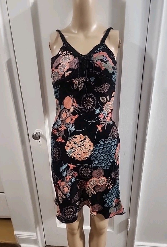 Angie Slip Dress Size XS/4 Black/Turquoise/Coral/Brown Floral Print Crochet Trim
