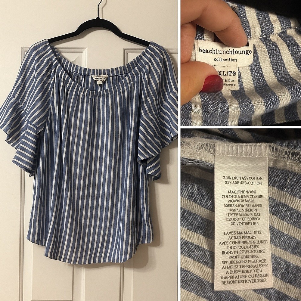 Beachlunchlounge Blue White Striped Linen Off Shoulder Top XL 👚
