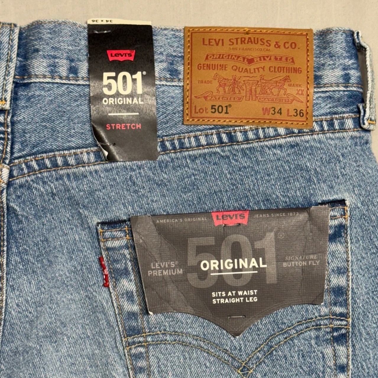 Levis Premium 501 Original Mens Light Wash Straight Leg Stretch Jeans 34×36