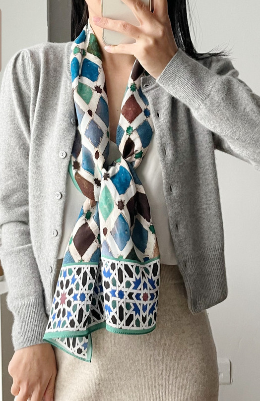 54″X13″Fence Pattern Print Pure Mulberry Crepe Silk Long Scarf 137x35cm5-30