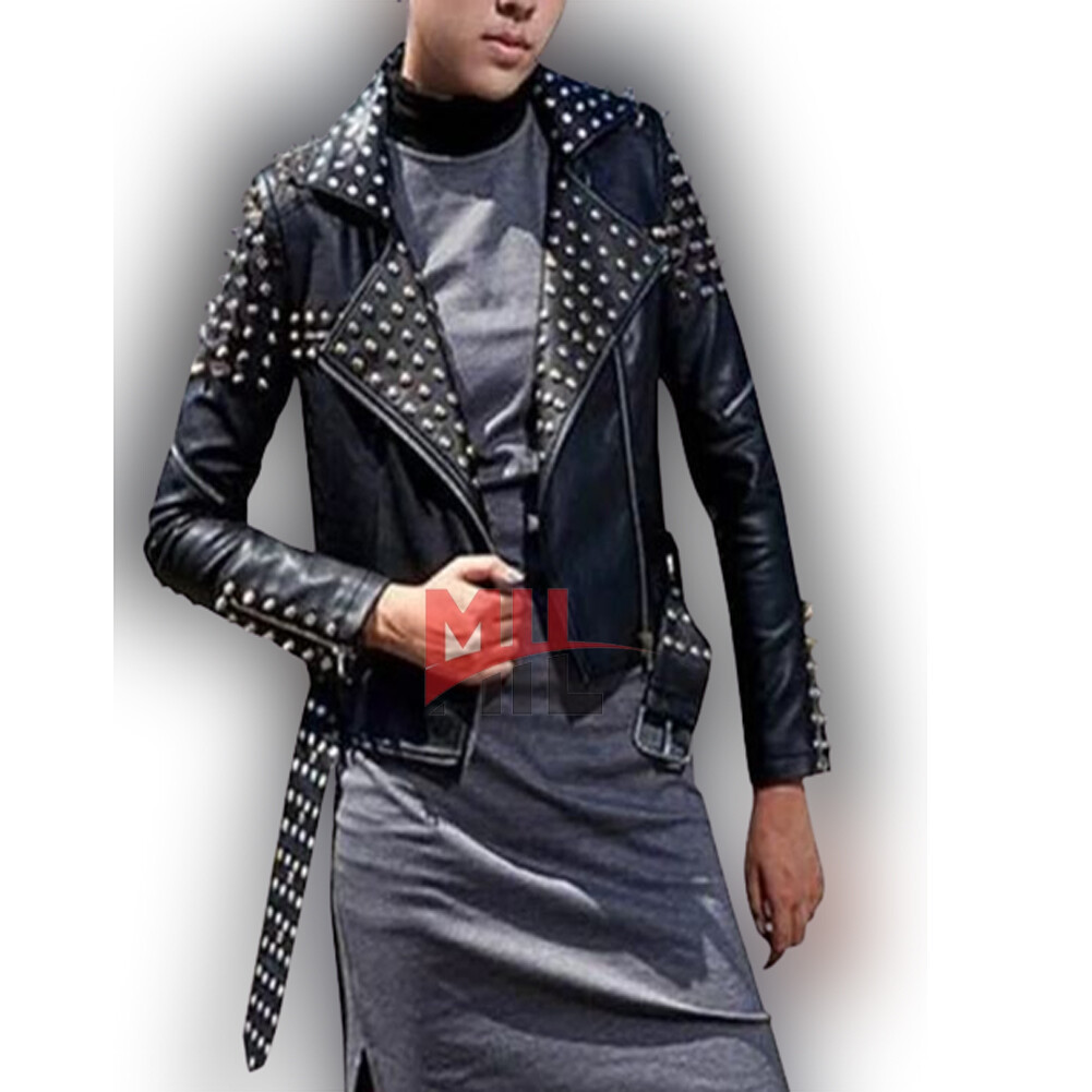 Handmade Women Black Punk Silver Long Spiked Studded Cowhide Leather Jacket