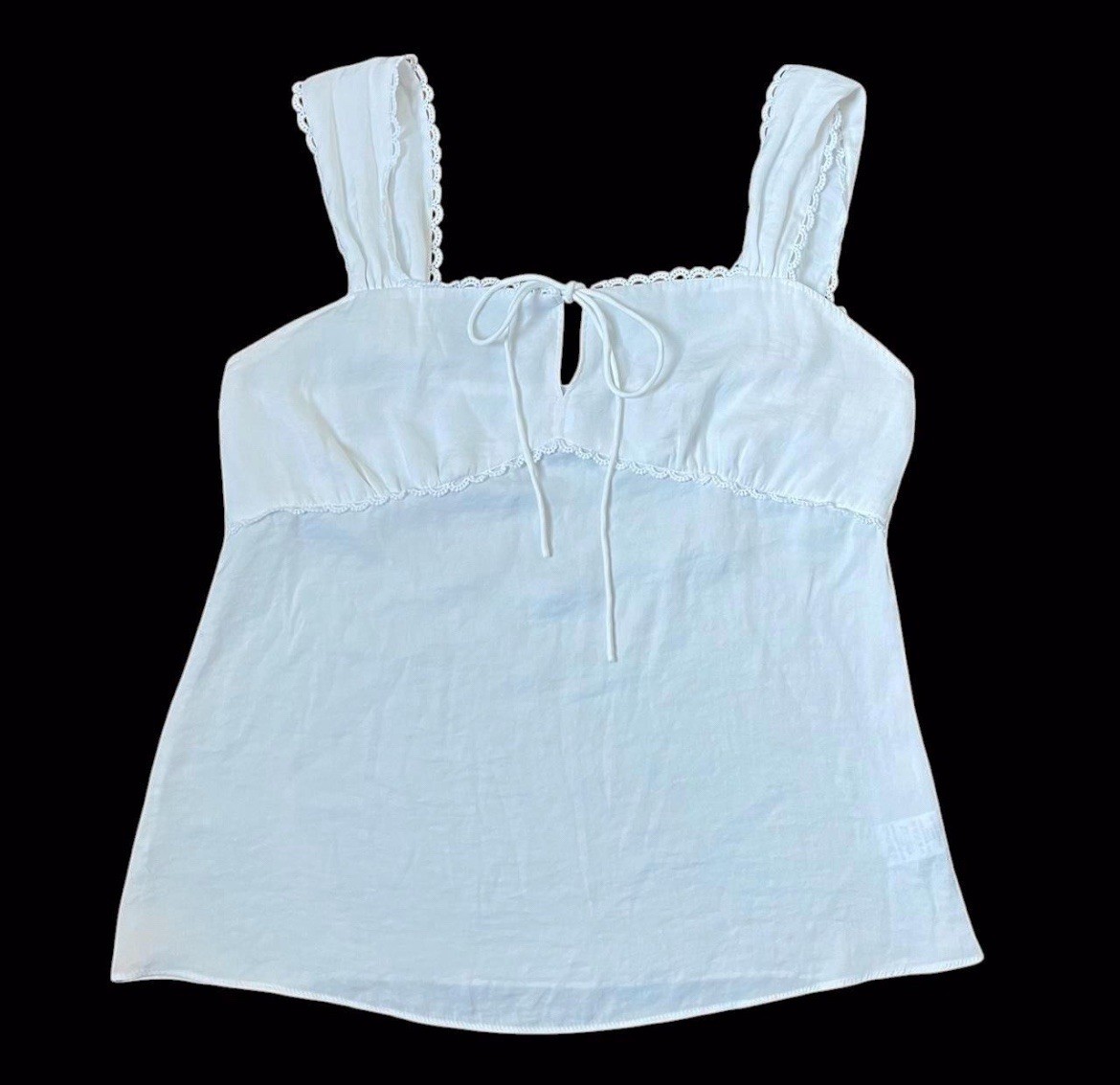 White milkmaid top coquette lace trim babydoll blouse keyhole tie cami⁠