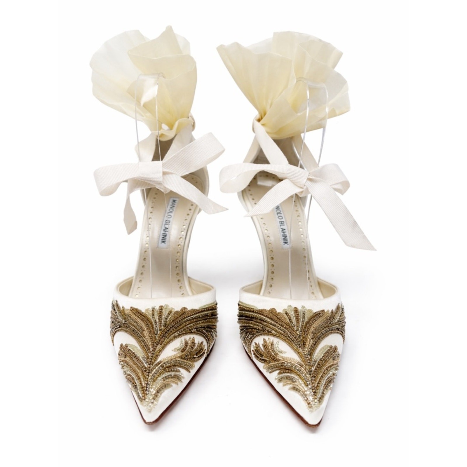 Manolo Blahnik Catrouxi Beaded Satin Heels Womens Size EU 38.5