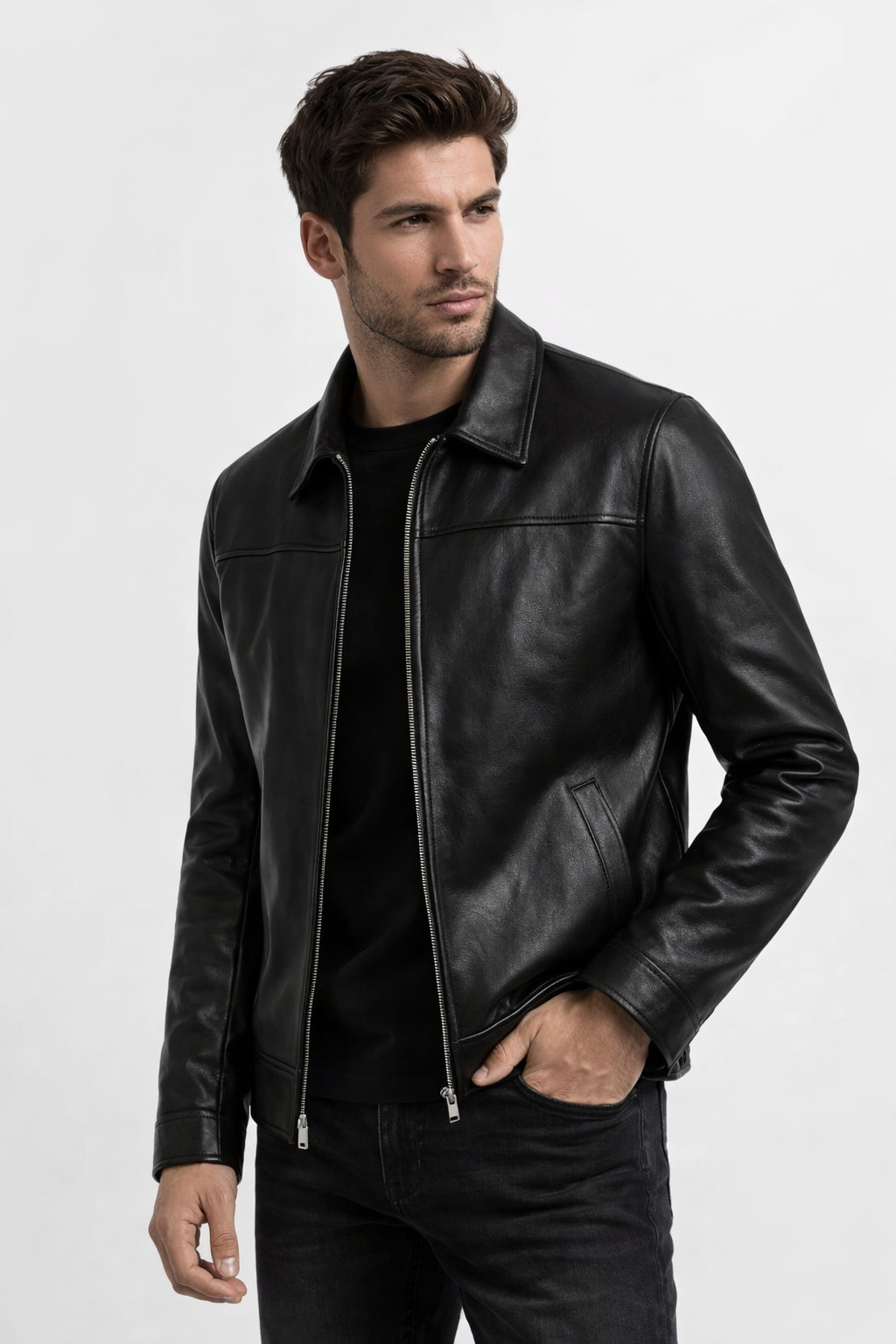 Men’s Genuine Leather Jacket Classic Zip Up Casual Biker Bomber Outerwear Coat