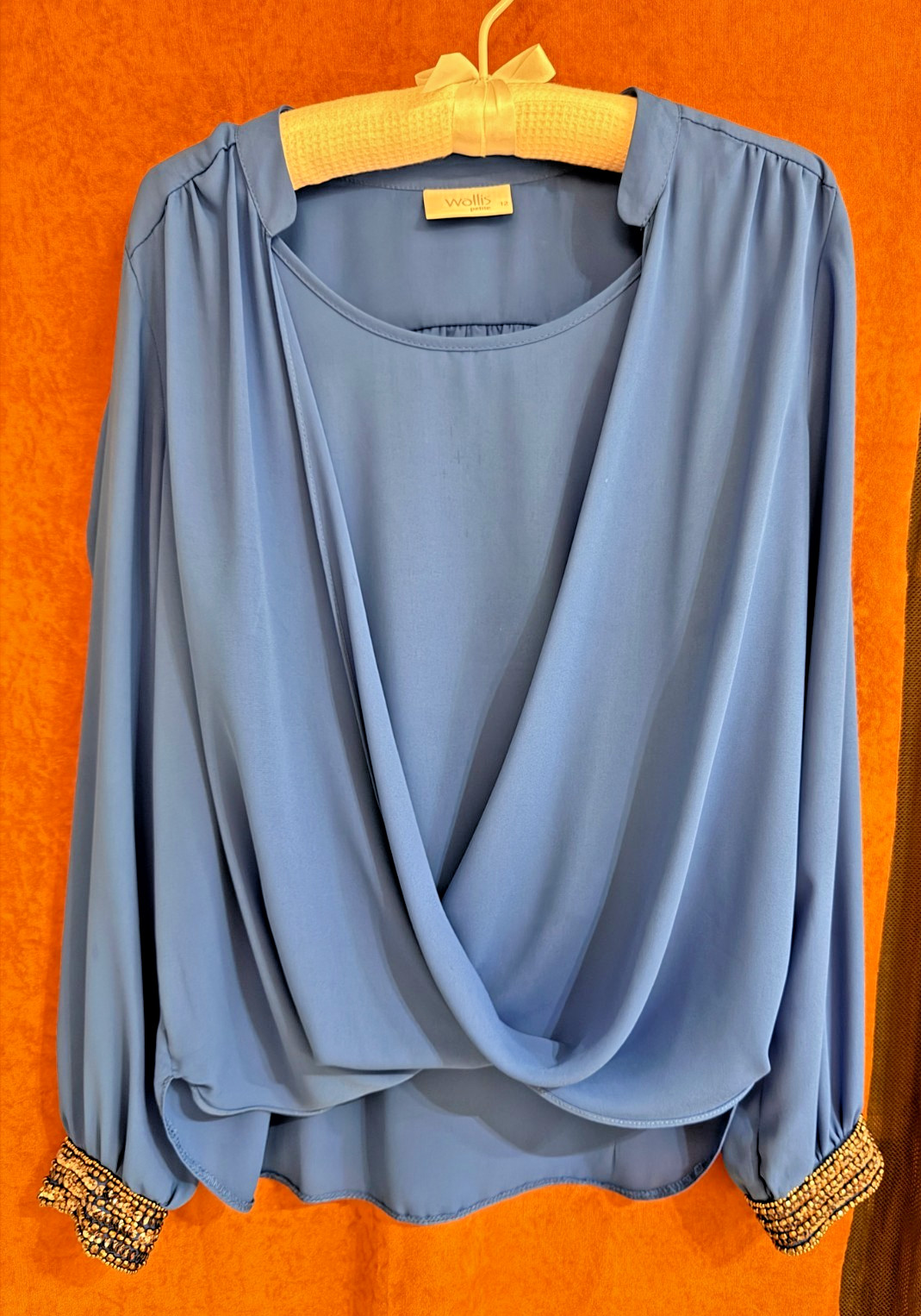 Wallis Petite Sky Blue Blouse UK 12 Embellished Sequin Cuff Wrap Front Smart Top