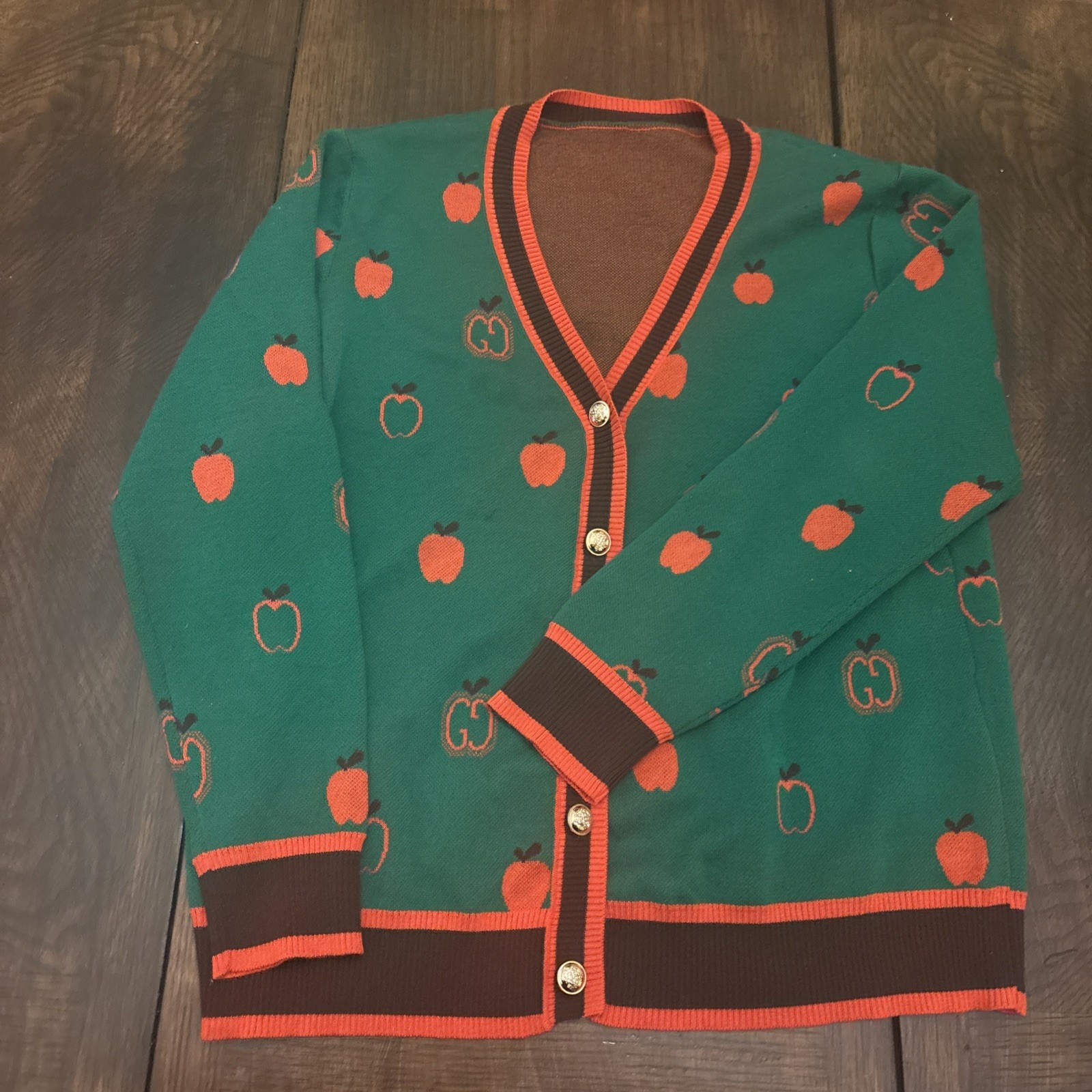 Womens Long Sleeve Teacher Sweater Green Brown Orange Apple Pattern Size Large