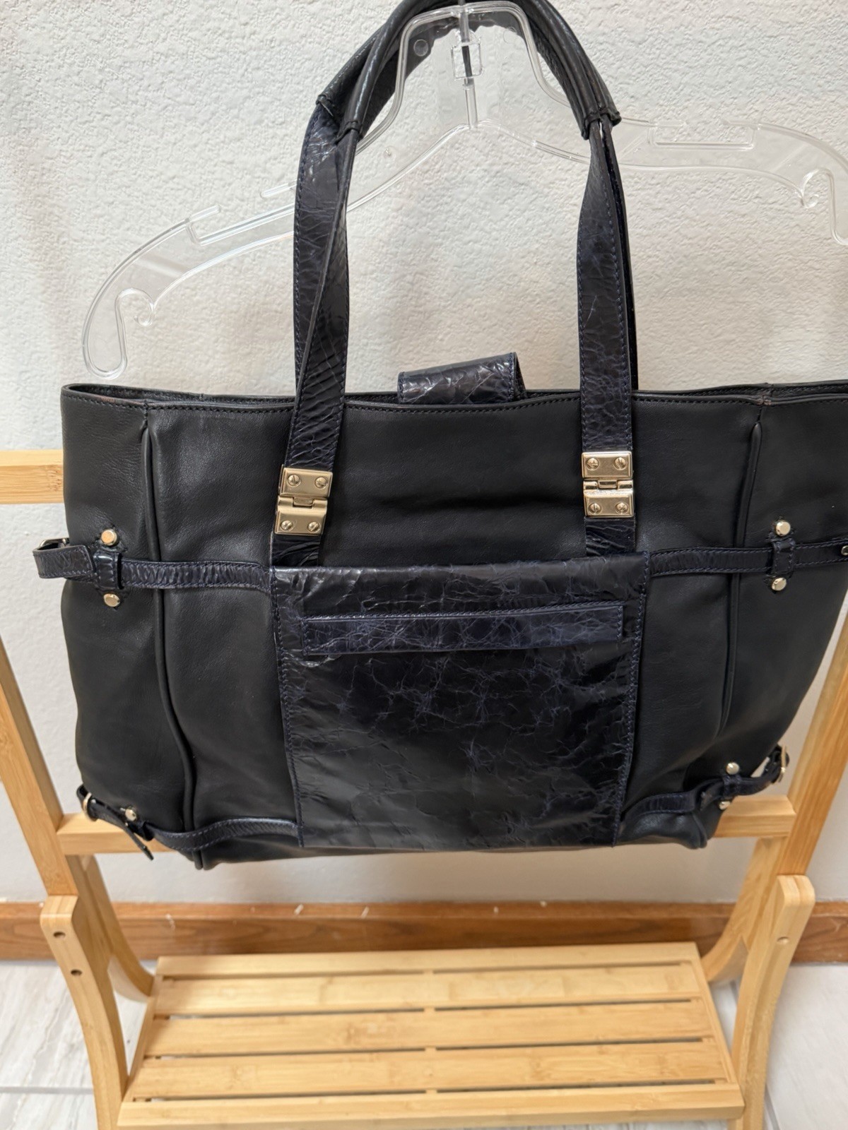 GRYSON Black Leather Tote Bag, Gold Hardware, Zipper & Studded Accents
