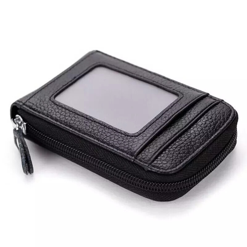 Genuine Leather Men Women Wallet Credit Card Holder RFID Blocking Zipper Pocket